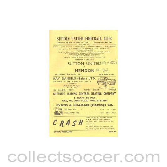 1967 - Sutton United v Hendon official programme 29/04/1967