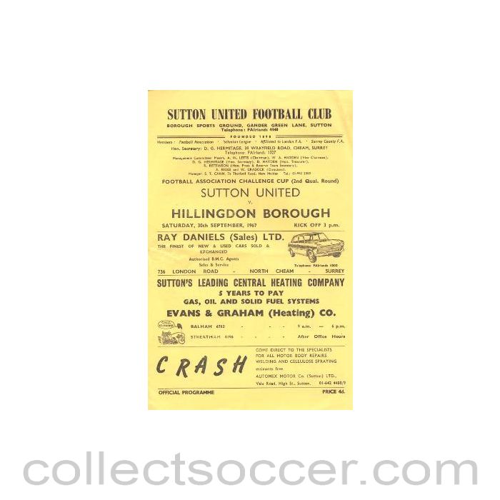 1967 - Sutton United v Hillingdon Borough official programme 30/09/1967