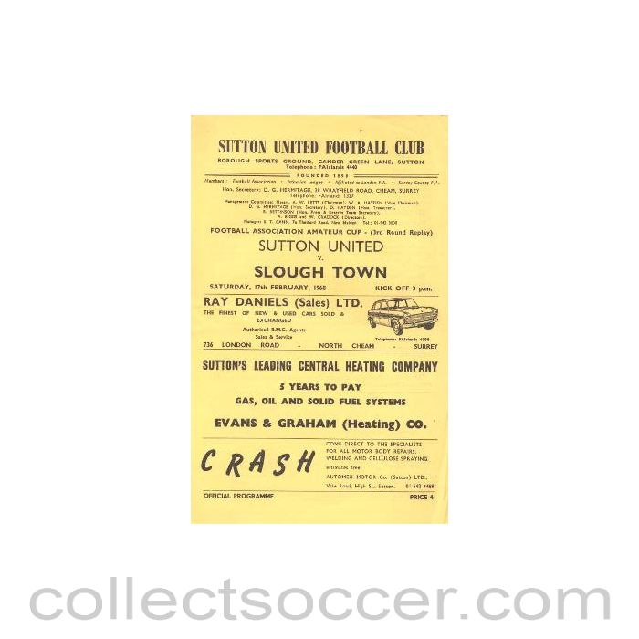 1968 - Sutton United v Slough Town official programme 17/02/1968