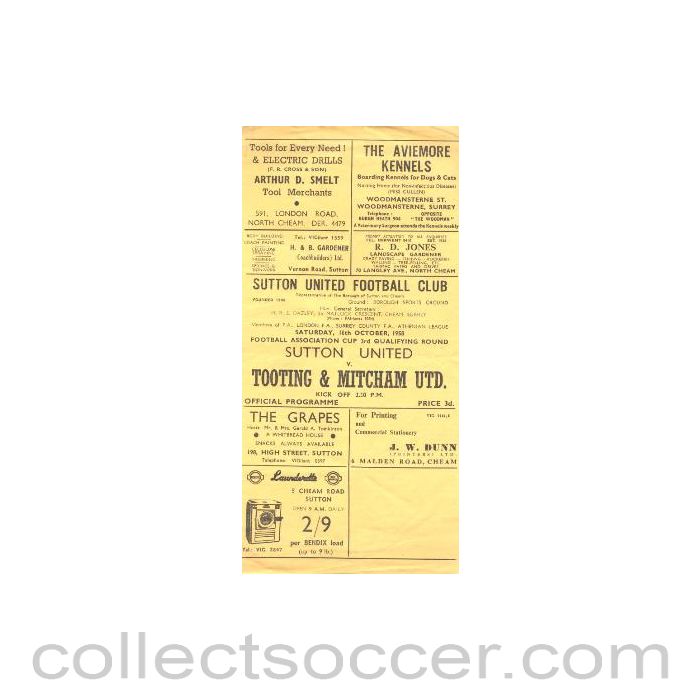 1958 - Sutton United v Tooting & Mitcham United official programme 18/10/1958