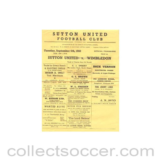 1960 - Sutton United v Wimbledon official programme 06/09/1960