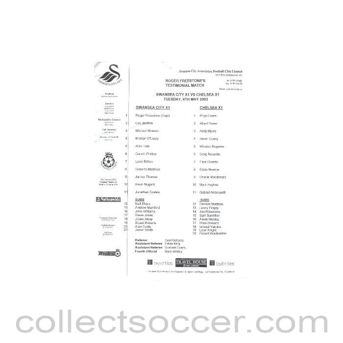 2003 - Swansea XI v Chelsea XI teamsheet 06/05/2003 Roger Freestone Testimonial Match