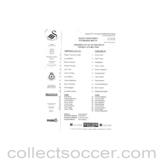 2003 - Swansea XI v Chelsea XI teamsheet 06/05/2003 Roger Freestone Testimonial Match