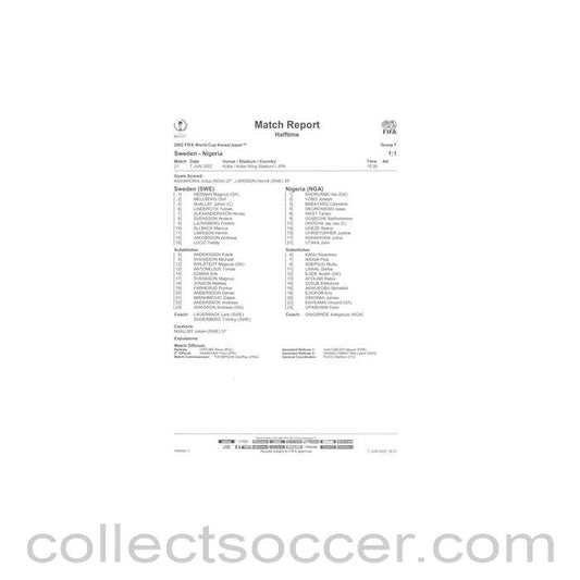 2002 World Cup - Sweden v Nigeria 07/06/2002 Match Report & Game Statistics Half Time