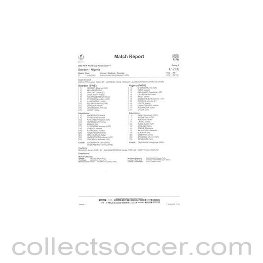 2002 World Cup - Sweden v Nigeria 07/06/2002 Match Report & Game Statistics
