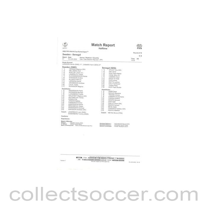 2002 World Cup - Sweden v Senegal 16/06/2002 Match Report & Game Statistics Half Time