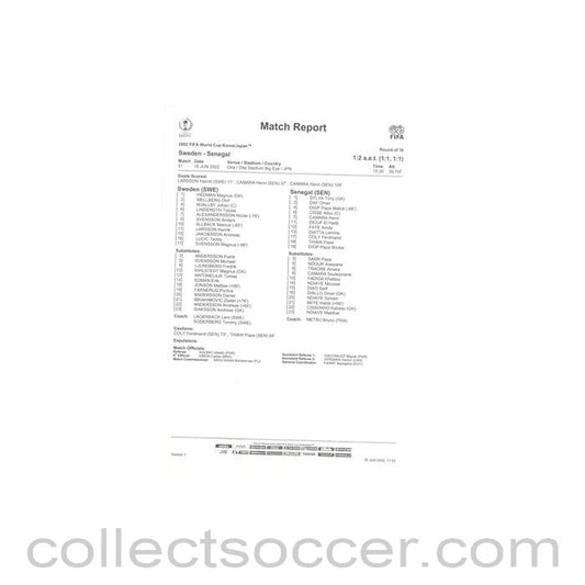 2002 World Cup - Sweden v Senegal 16/06/2002 Match Report & Game Statistics