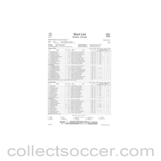 2002 World Cup - Sweden v Senegal 16/06/2002 Start List