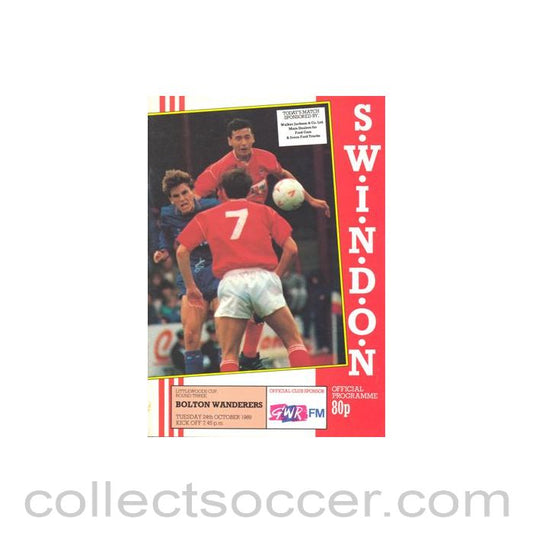 1989 - Swindon Town v Bolton Wanderers official programme 24/10/1989 Littlewoods Cup