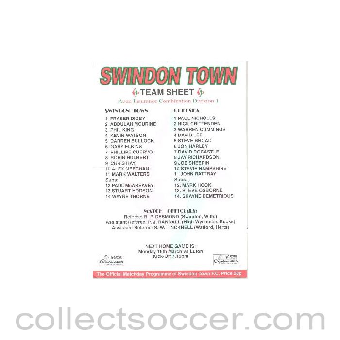 1997 - Swindon Town v Chelsea colour teamsheet probably of season 1997-1998