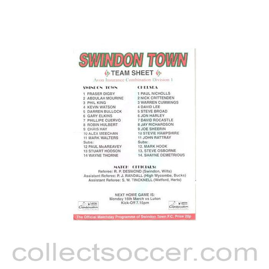 1997 - Swindon Town v Chelsea colour teamsheet probably of season 1997-1998
