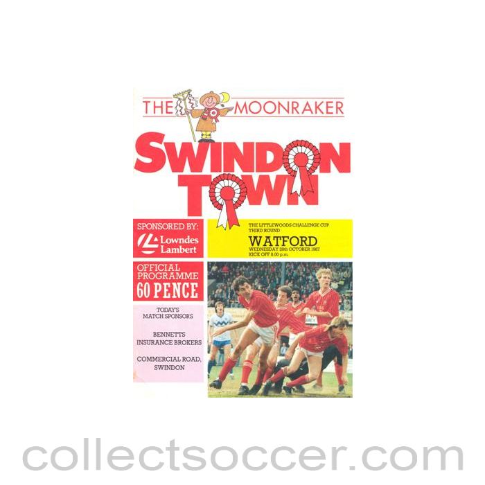 1987 - Swindon Town v Watford official programme 28/10/1987 Littlewoods Cup