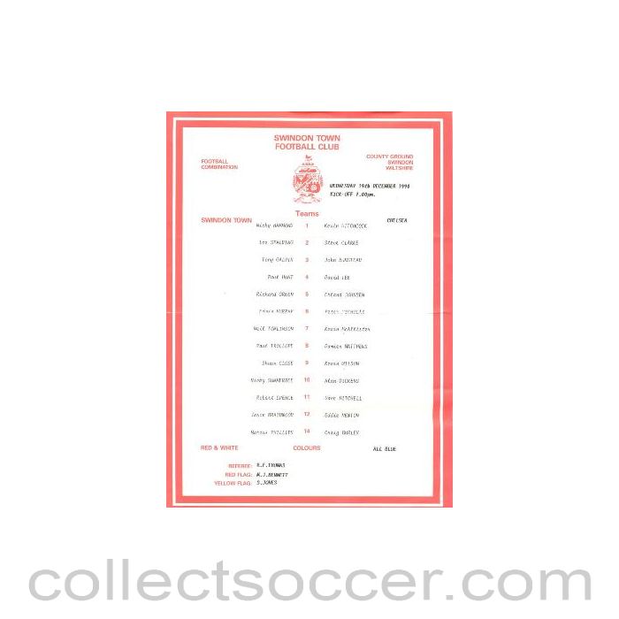 1990 - Swindon Town v Chelsea official teamsheet 19/12/1990