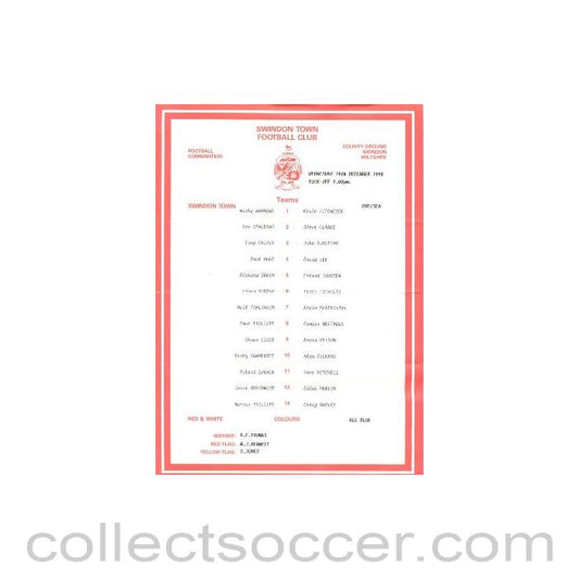 1990 - Swindon Town v Chelsea official teamsheet 19/12/1990