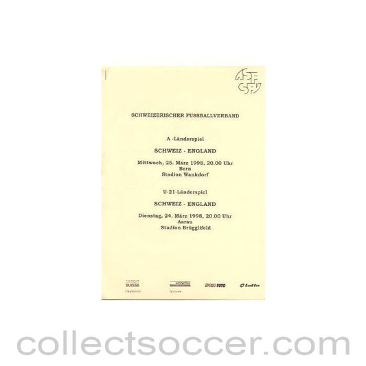 1998 - Switzerland v England press pack 25/03/1998