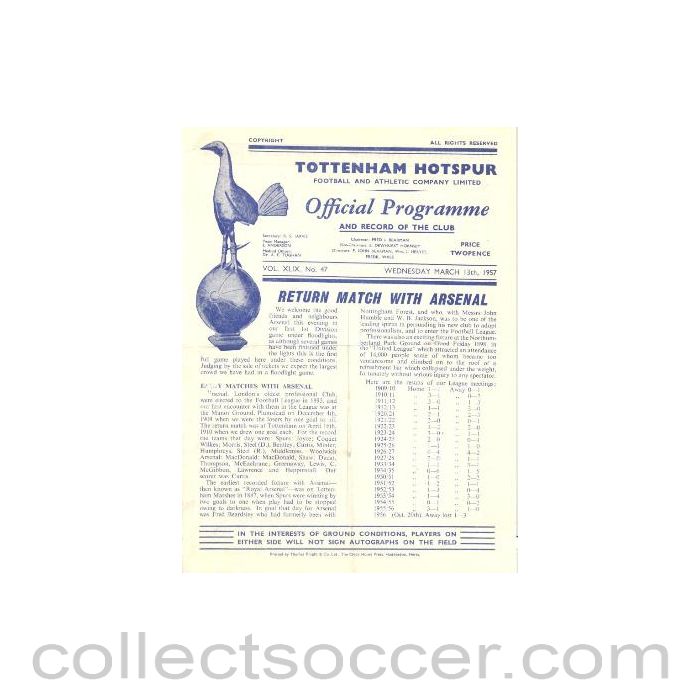 1957 - Tottenham Hotspur v Arsenal official programme 13/03/1957