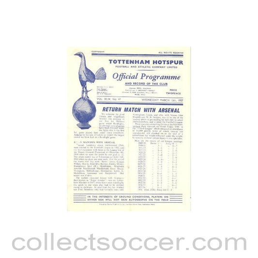 1957 - Tottenham Hotspur v Arsenal official programme 13/03/1957