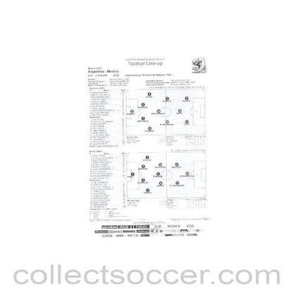 2010 World Cup official black and white Tactical Line-Up Argentina v Mexico 27/06/2010