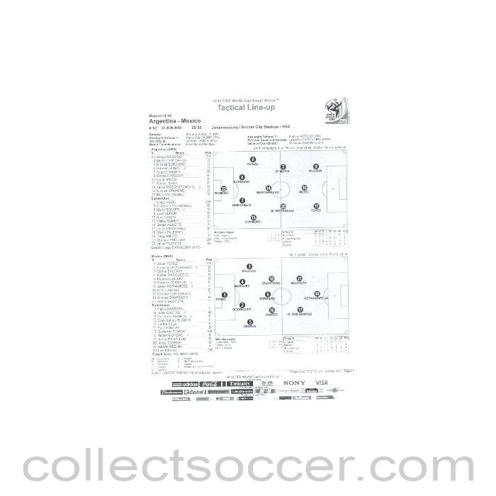2010 World Cup official black and white Tactical Line-Up Argentina v Mexico 27/06/2010