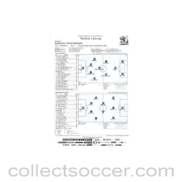 2010 World Cup official black and white Tactical Line-Up Argentina v South Korea 17/06/2010
