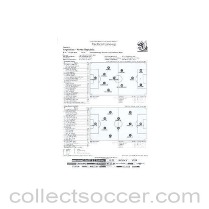 2010 World Cup official black and white Tactical Line-Up Argentina v South Korea 17/06/2010