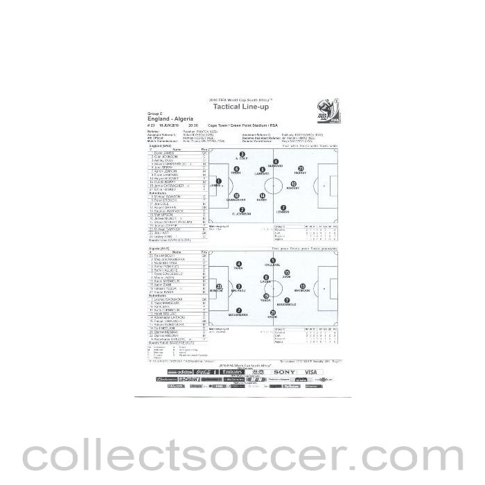 2010 World Cup official black and white Tactical Line-Up England v Algeria 18/06/2010