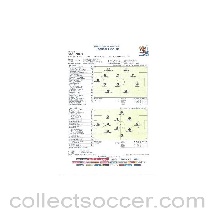 2010 World Cup official colour Tactical Line-Up USA v Algeria 23/06/2010