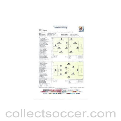 2010 World Cup official colour Tactical Line-Up USA v Algeria 23/06/2010