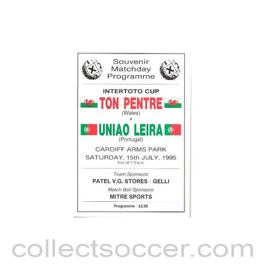 1995 - Ton Pentre, Wales v Uniao Leira, Portugal official programme 15/07/1995 Intertoto Cup