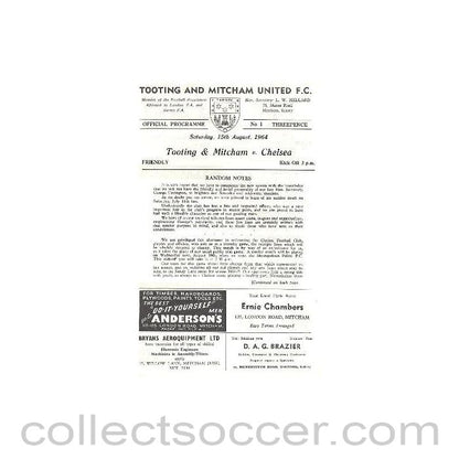 1964 - Tooting & Mitcham vChelsea official programme 15/08/1964