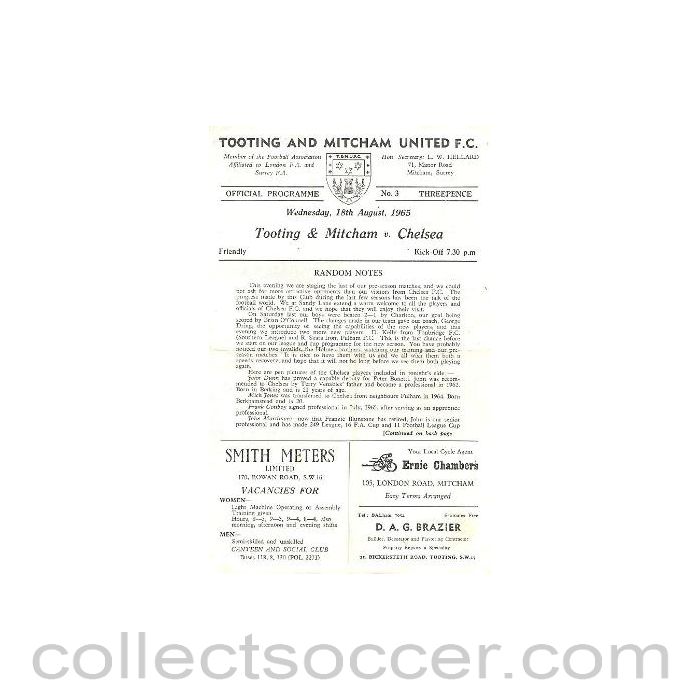 1965 - Tooting & Mitcham vChelsea official programme 18/08/1965