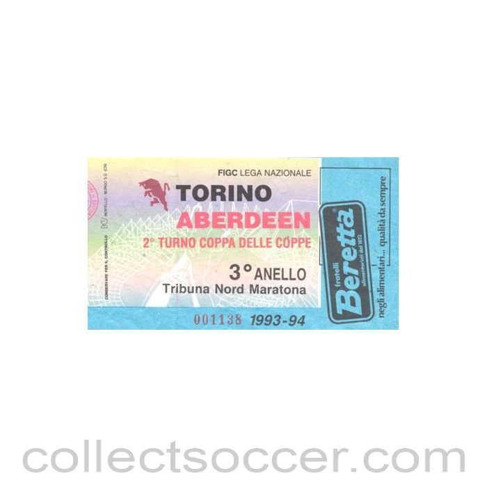 1993 - Torino v Aberdeen ticket 03/11/1993 Cup Winners Cup