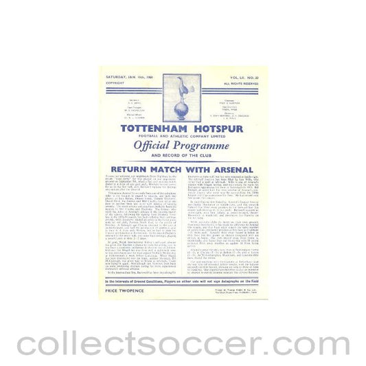 1960 - Tottenham Hotspur v Arsenal official programme 16/01/1960