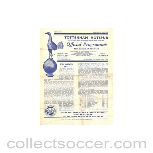 1949 - Tottenham Hotspur v Barnsley official programme 29/10/1949 Football League
