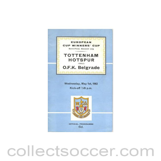 1963 Cup Winners Cup Semi-Final 2nd Leg Official programme Tottenham Hotspur v O.F.K Belgrade