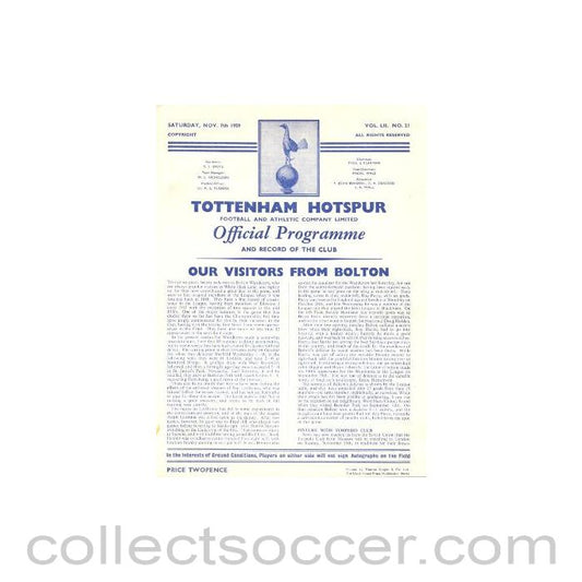 1959 - Tottenham Hotspur v Bolton Wanderers official programme 07/11/1959 Football League
