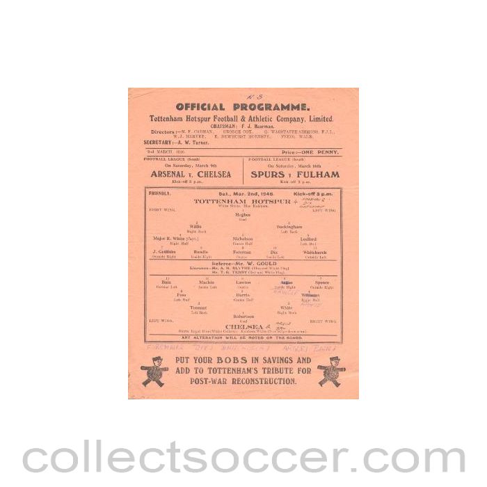 1946 - Tottenham Hotspur vChelsea official programme 02/03/1946