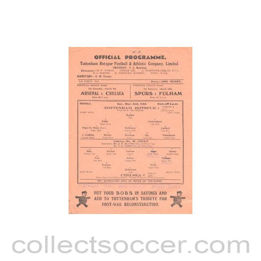1946 - Tottenham Hotspur vChelsea official programme 02/03/1946