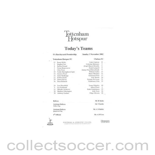 2002 - Tottenham Hotspur v Chelsea official teamsheet 03/11/2002 Premier League