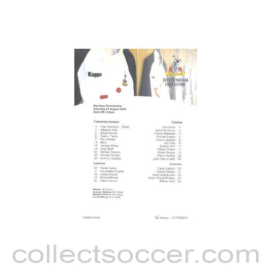 2005 - Tottenham Hotspur v Chelsea teamsheet 27/08/2005 Premier League