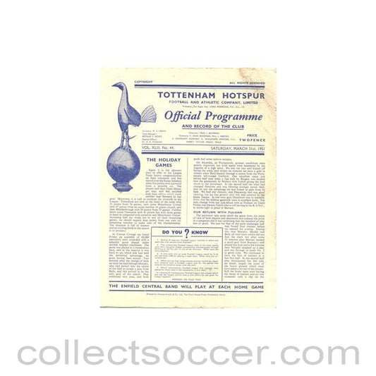 1951 - Tottenham Hotspur v Everton official programme 31/03/1951 Football League
