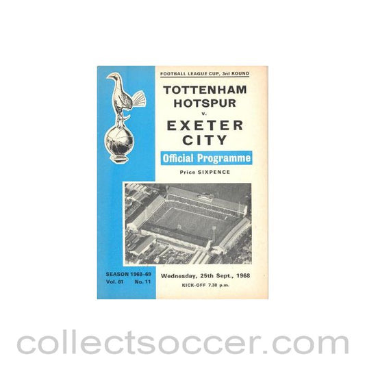 1968 - Tottenham Hotspur v Exeter City official programme 25/09/1968 Football League