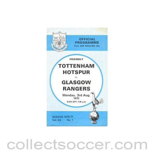 1970 - Tottenham Hotspur v Glasgow Rangers official programme 03/08/1970 Friendly Match