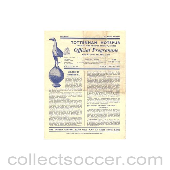 1950 - Tottenham Hotspur v Hibernian official programme 01/05/1950 Friendly Match