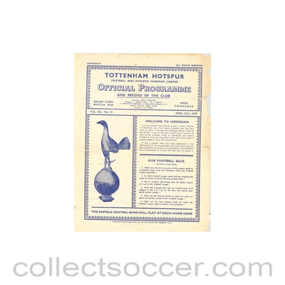 1949 - Tottenham Hotspur v Hibernian official programme 25/04/1949 Friendly Match