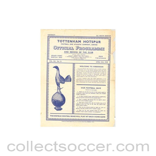 1949 - Tottenham Hotspur v Hibernian official programme 25/04/1949 Friendly Match