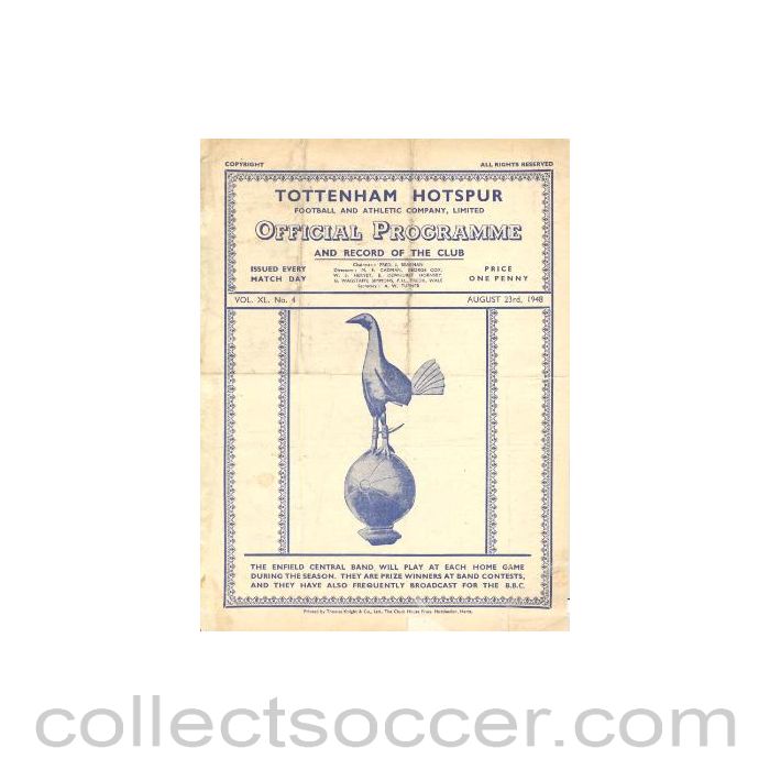 1948 - Tottenham Hotspur v Leicester City Reserves official programme 23/08/1948
