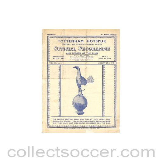1948 - Tottenham Hotspur v Leicester City Reserves official programme 23/08/1948