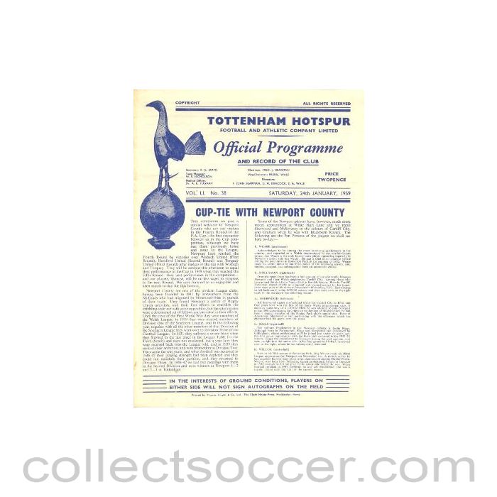 1959 - Tottenham Hotspur v Newport County official programme 24/01/1959 F.A. Cup
