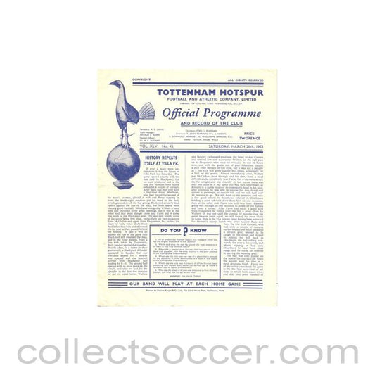 1953 - Tottenham Hotspur v Portsmouth official programme 28/03/1953 Football League